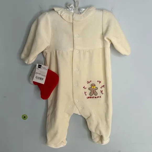 Vintage 2004 Christmas Gingerbread Velour Baby 1 Piece & Stocking Size 0-3M NEW - Picture 2 of 11